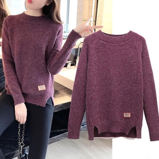 2019 New Winter Round Neck Pullover Sweater Women Korean Long Sleeve Loose Thin Split Knitted Sweater Female Quality Jumper Tops