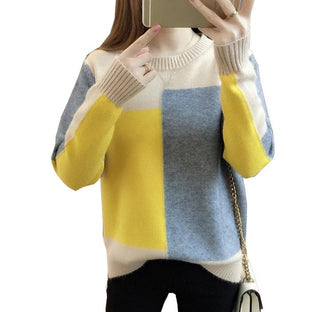 Women Autumn Candy Color Sweater Round Collar Colorblock Long Sleeve Knit Top Multicolor with Splicing Thin Tops Sweaters
