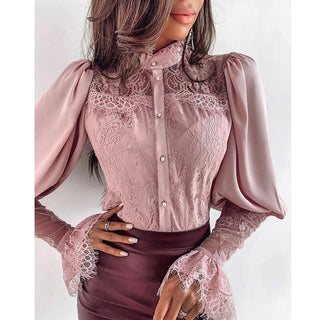Women Lace Patchwork Flare Sleeve Buttoned Blouse Chic Elegant Spring Fall Office Stand Collar  Shirt Chiffon Solid Casual Tops