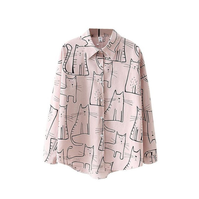 Cotton Blouse Cute Cat Print Loose Casual Ladies Blosues Tops Women Turn Down Collar Long Sleeve Shirt Blouse Blusa 2019 Fashion